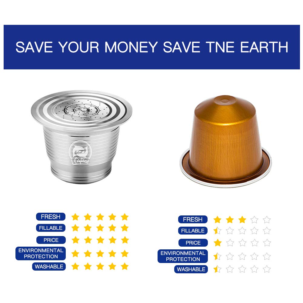 i Cafilas Capsules riutilizzabili in acciaio INOX per Nespresso, Capsule ricaricabili compatibili con Nespresso,2 Nespreso Capsules+ 1 cucchiaio + 1 spazzola + 1 Tamper +1 Powder Filling Aid