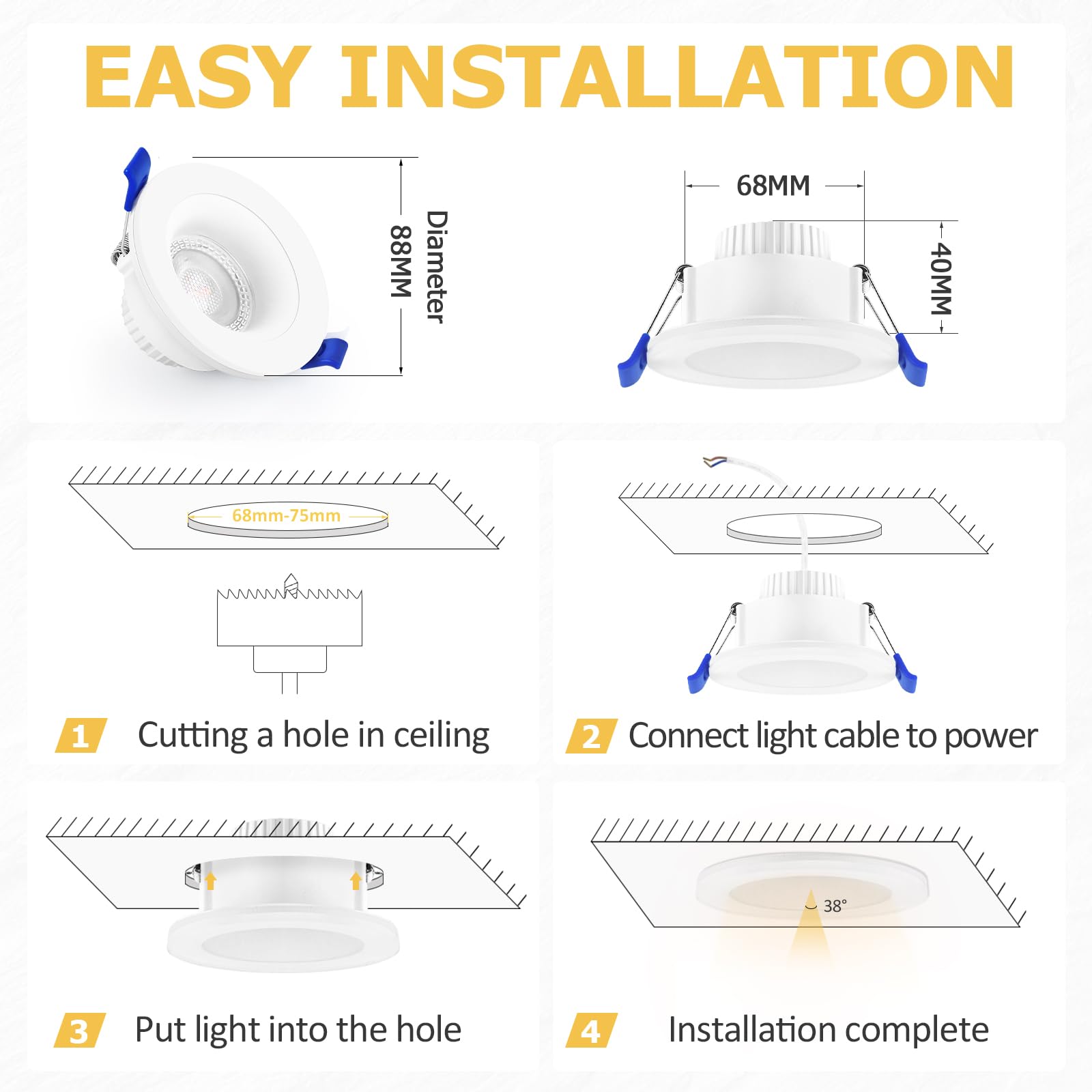 Reflektor LED do zabudowy 230 V 4000K, IP65, 68-75 mm, 6 szt., biały