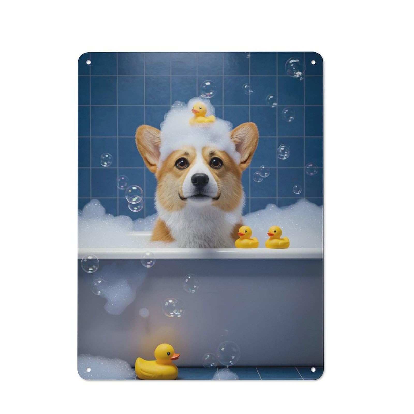 Junmoney Corgi In Bubble Bath With Ducks 40X30cm Rustic Metal Sign With For Hobby Room Or Studio, Metal Sign Decor For Hobby Rooms And Studios