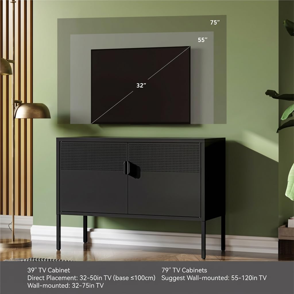 COFaR TV Stand for TVs up to 75 Inch, 40‘’L Media Console with Ventilation Doors, Metal Entertainment Center with Adjustable Shelves & 120Lbs Storage for Living Room & Bedroom, Black