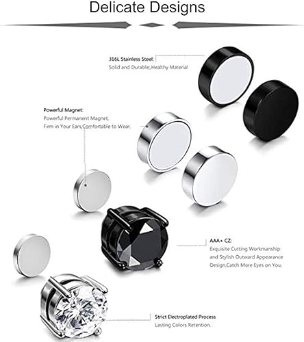 Miniatura 3 de 4 pares de aretes magnéticos de acero inoxidable para hombres y mujeres aretes de circonita cúbica sin piercing de 0236in 4 pares por juego 0236in