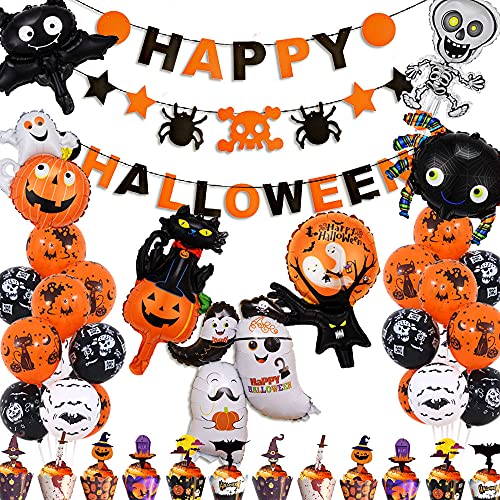 30-teiliges Happy Halloween Party-Dekorationsset, einschließlich Happy Halloween-Banner, Halloween-Latexballons, Halloween-Folienballons und Geistergruppen-Folienballons Halloween-Dekorationen Cover