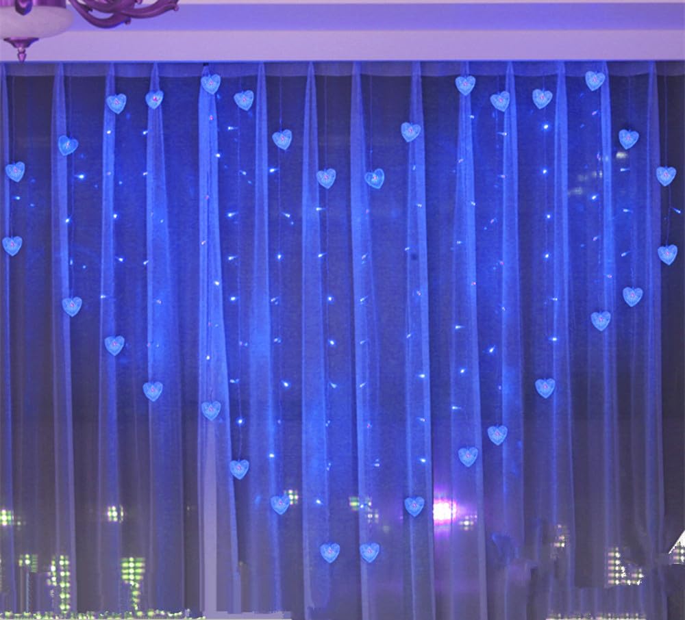 SHANJIA Heart-Shaped Curtain Light, 124 LED 124 LED 2M x 1.5M Fairy Curtain Light Heart-Shaped Chandelier USB Port for Party Bedroom Wedding Decorate (3cm, Blue)