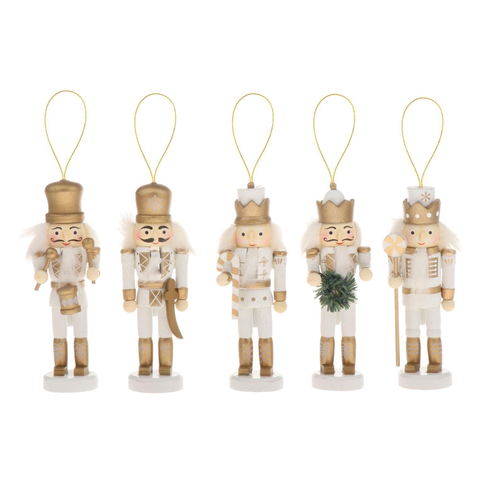 F Fityle Christmas Nutcrackers Hanging Ornament Wooden Soldier Figures Doll Christmas Tree Hanging Ornaments with Package Box - White Gold