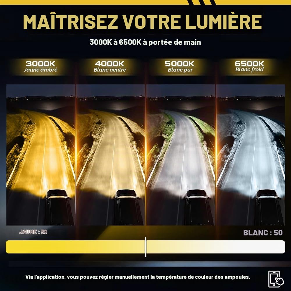 Ampoule H4 LED, CANBUS Erreur H4 LED Smart App Control Luminosité&Température de Couleur, 3000K Jaune à 6500K Blanc Froid 150W 800% Plus Lumineux Connexion Bluetooth(2Pcs)