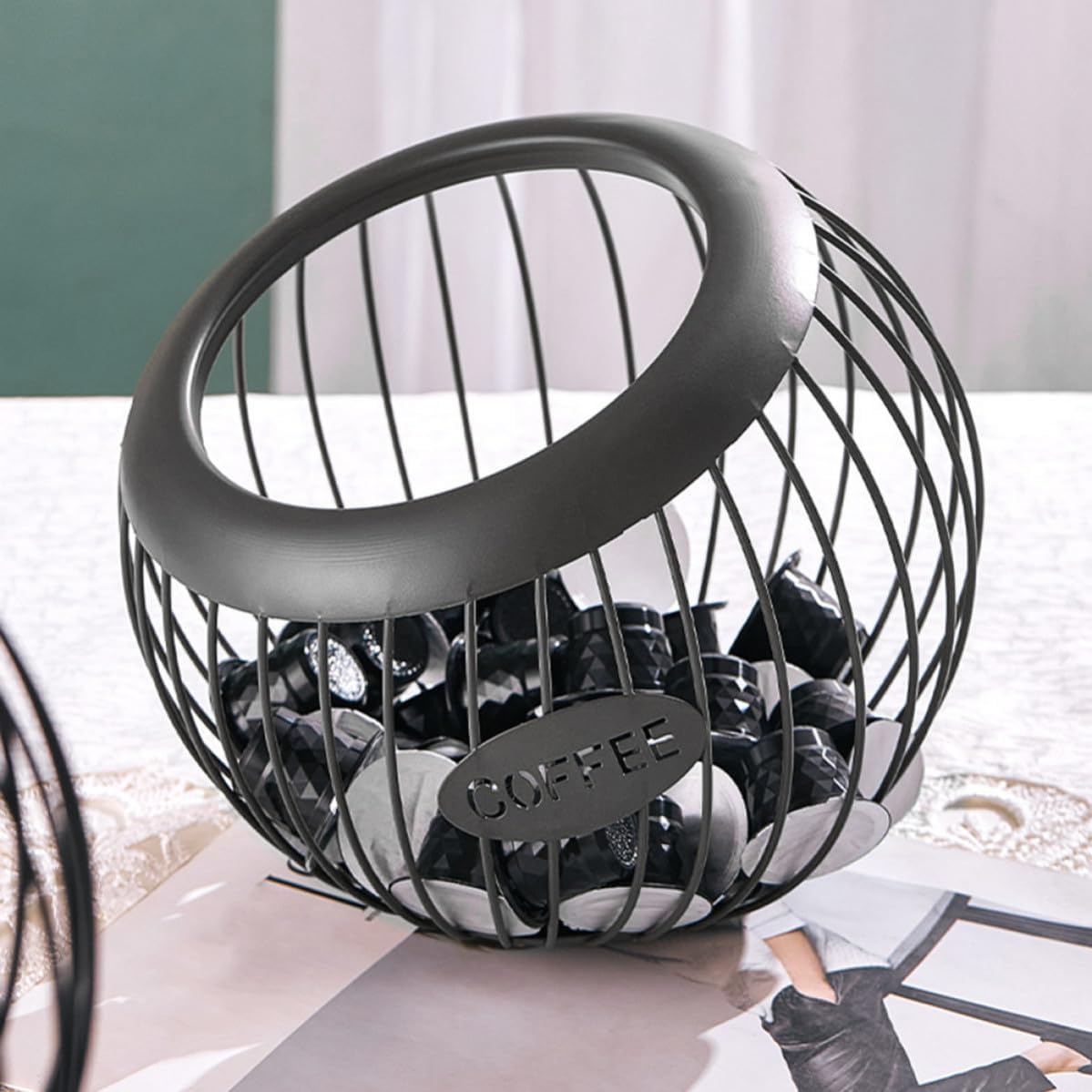 Iron Coffee Storage Basket with Proper Capacity and Unique Coffee Letter Sign Sturdy Black Home Desktop Organizer for Cafes and Home Kitchens and Fruit Container