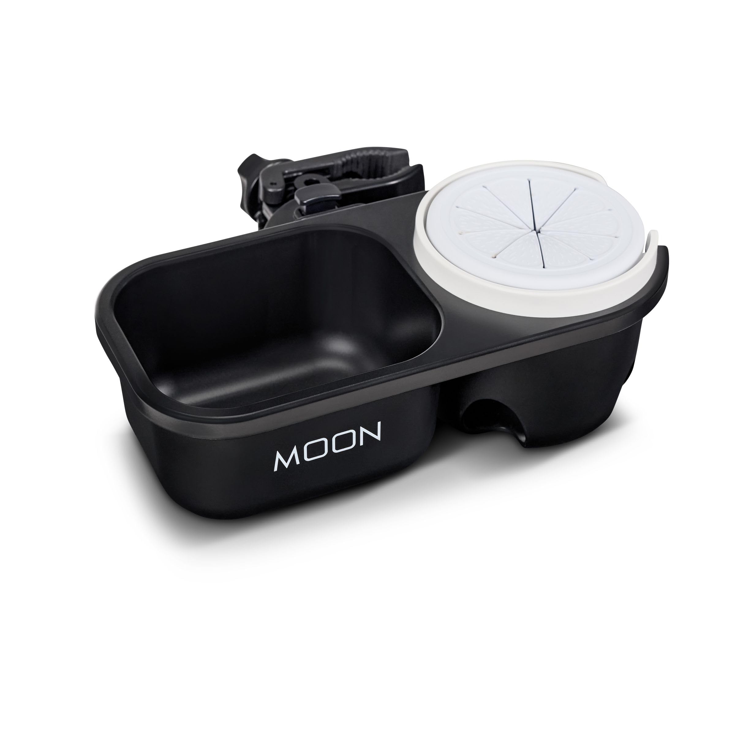 MOON Universal Cup Holder & Tuch Blaubaer | Verstellbarer Flaschenhalter mit Box | Getränke- und Kaffeetassenhalter Buggy Kinderwagen | extra Aufbewahrungsfach für Utensilien | Zubehör stabil & sicher