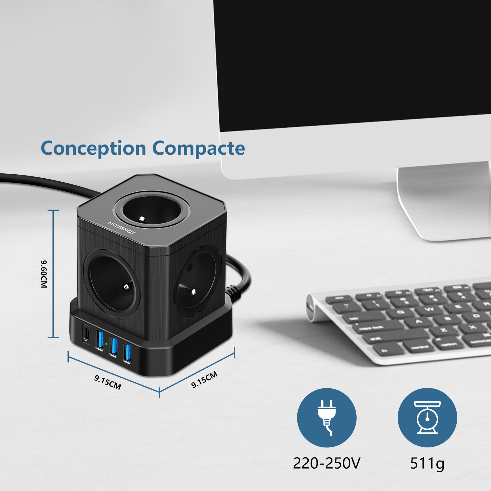 NVEESHOX Cubo Multipresa a 5 prese con 3 porte USB +1 USB C PD20W porte | Multipresa Scaricatore con Interruttore, (16A/4000W) - Blocco multipresa elettrica cavo 2M per casa ufficio, viaggio (nero)
