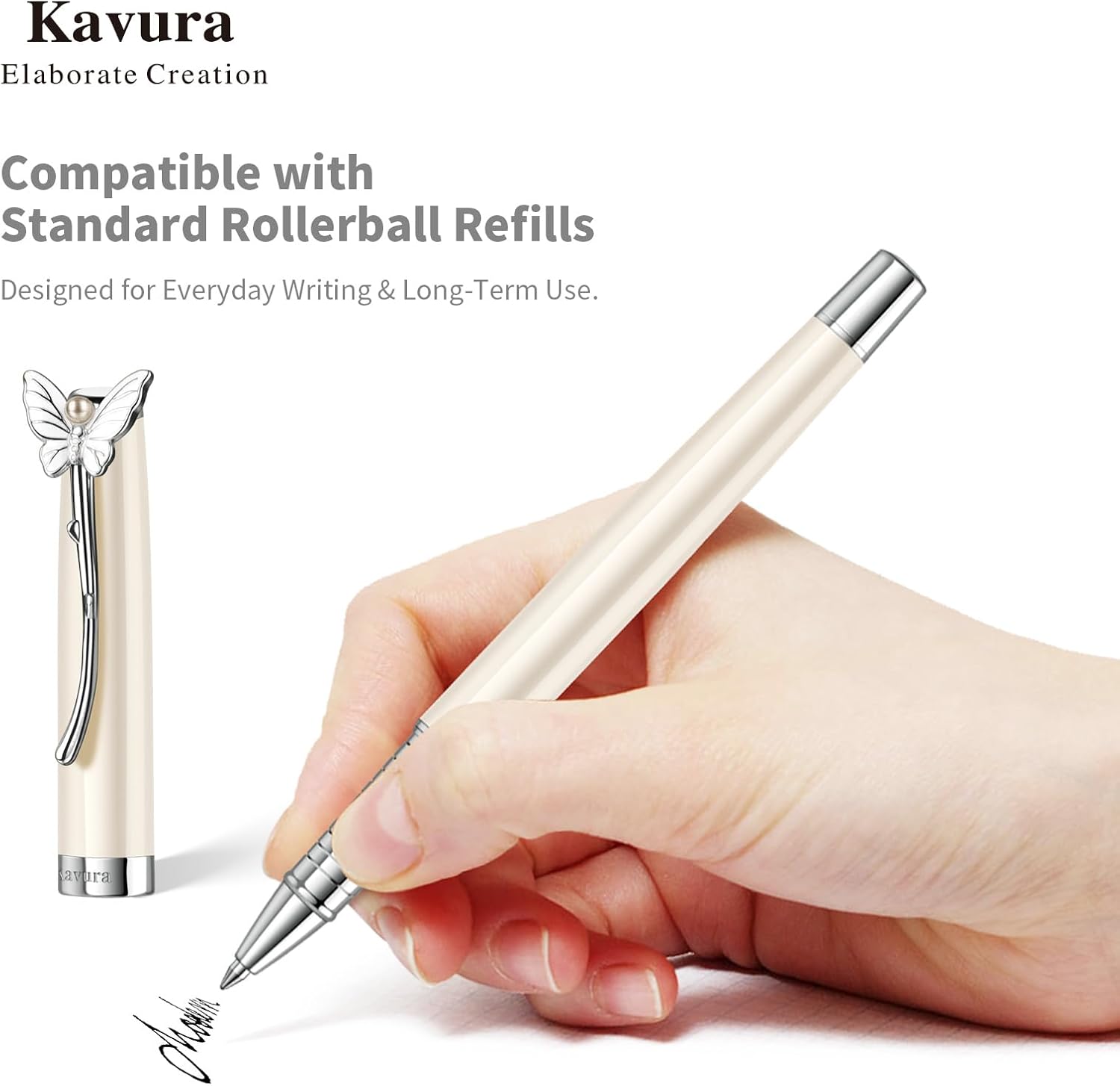 Butterfly & Pearl Rollerball Pen – Elegant Brass Pen Gift Set for Women, Jewelry-Inspired Design, Glossy Finish, with German Refill, Gift for Her, Graduation & New Beginnings(Pearl White)