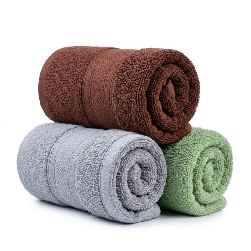 Image of TowelWala Premium Hand Towel Soft Absorbent Quick Dry (Brown /Grey /Green) | Premium 550 GSM cotton with woven border-quick drying and perfect for bathroom, kitchen, gym, and travel.