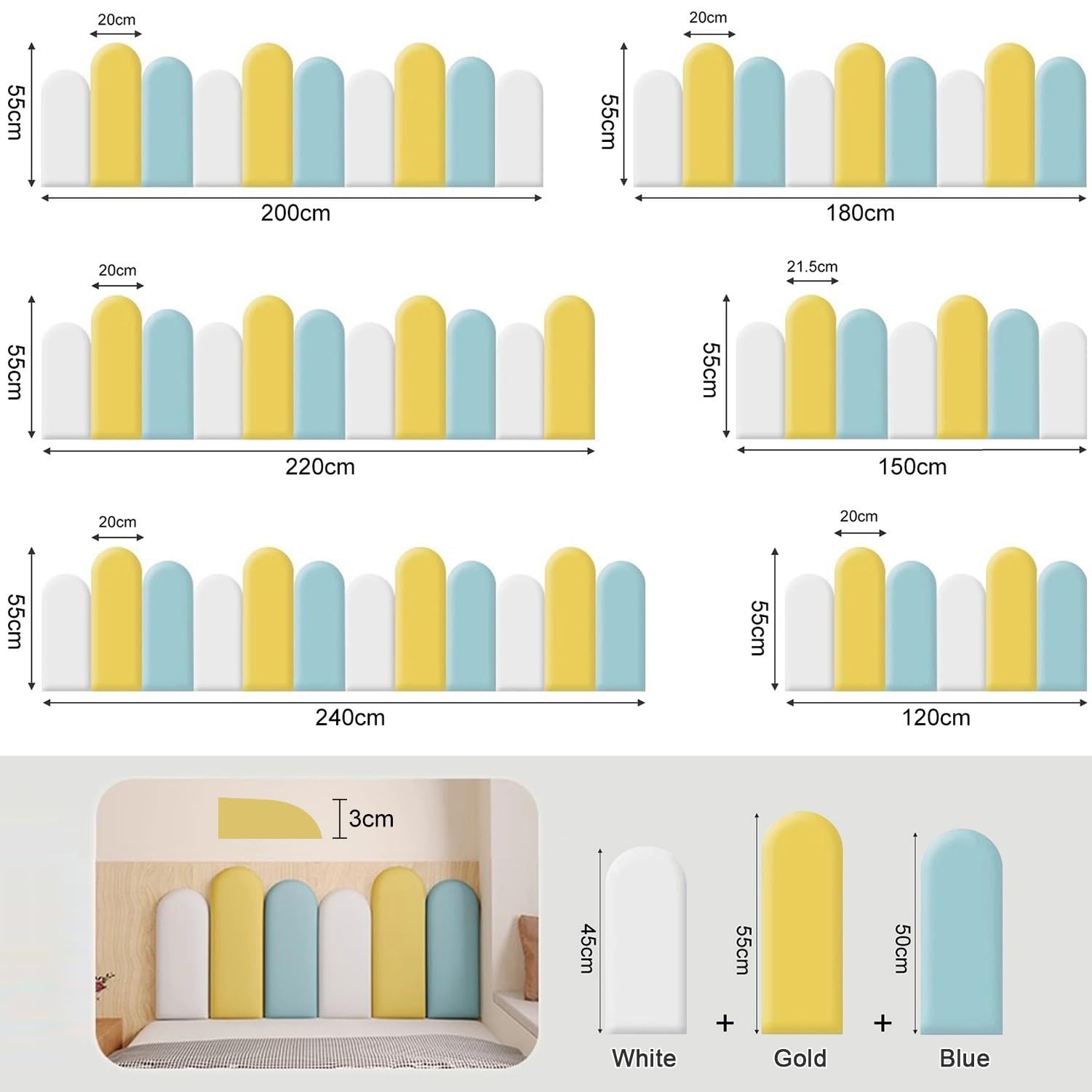 Tête de lit autocollante, Protection Murale Anti-Collision, Panneaux muraux rembourrés Auto-adhésifs pour Chambres, Salons et Chambres d'enfants (Multicolore - 08, 150 x 55 cm)