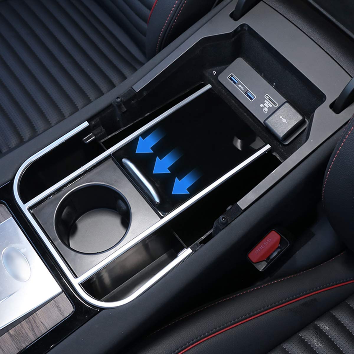 For LR Discovery Sport 2020 ABS Center umowy podłokietnik pudełko wielofunkcyjne pudełko do przechowywania push-pull ukryte pudełko do przechowywania tacka akcesoria do wnętrza samochodu (włókno węglowe)