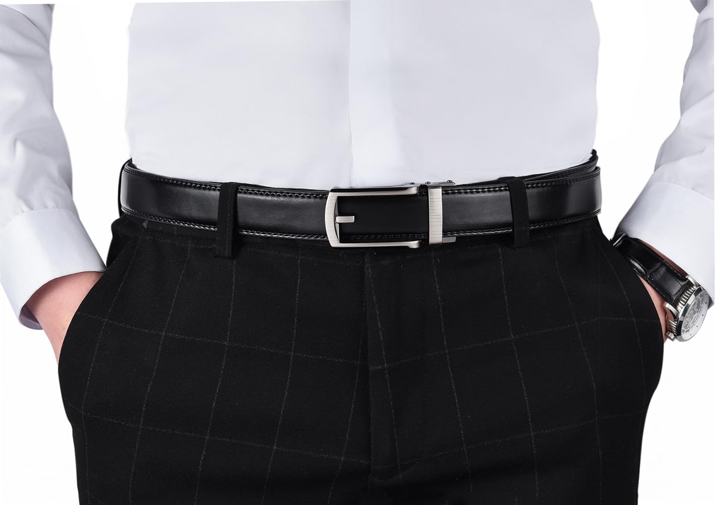 Men's Belt, Leather Ratchet Belt For Men's Dress 3.0cm,1 1/8" Size Adjusted Automatic Buckle - Image 2