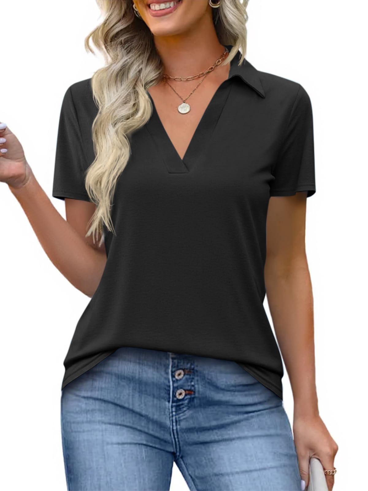 Imily Bela Womens Short Sleeve Polo Shirts V Neck Business Dressy Casual Tops Summer Collared Trendy Tees
