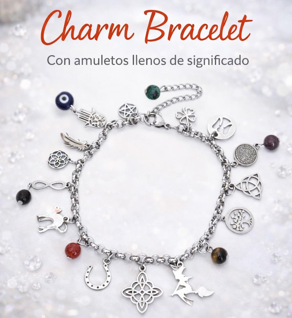 Simboliks Pulsera con Amuletos de acero inoxidable, protección contra el mal de ojo y hechizos, Buena suerte, Brazalete de Bruja, Amuleto de Brujas, Talismán, Protegida contra todo mal