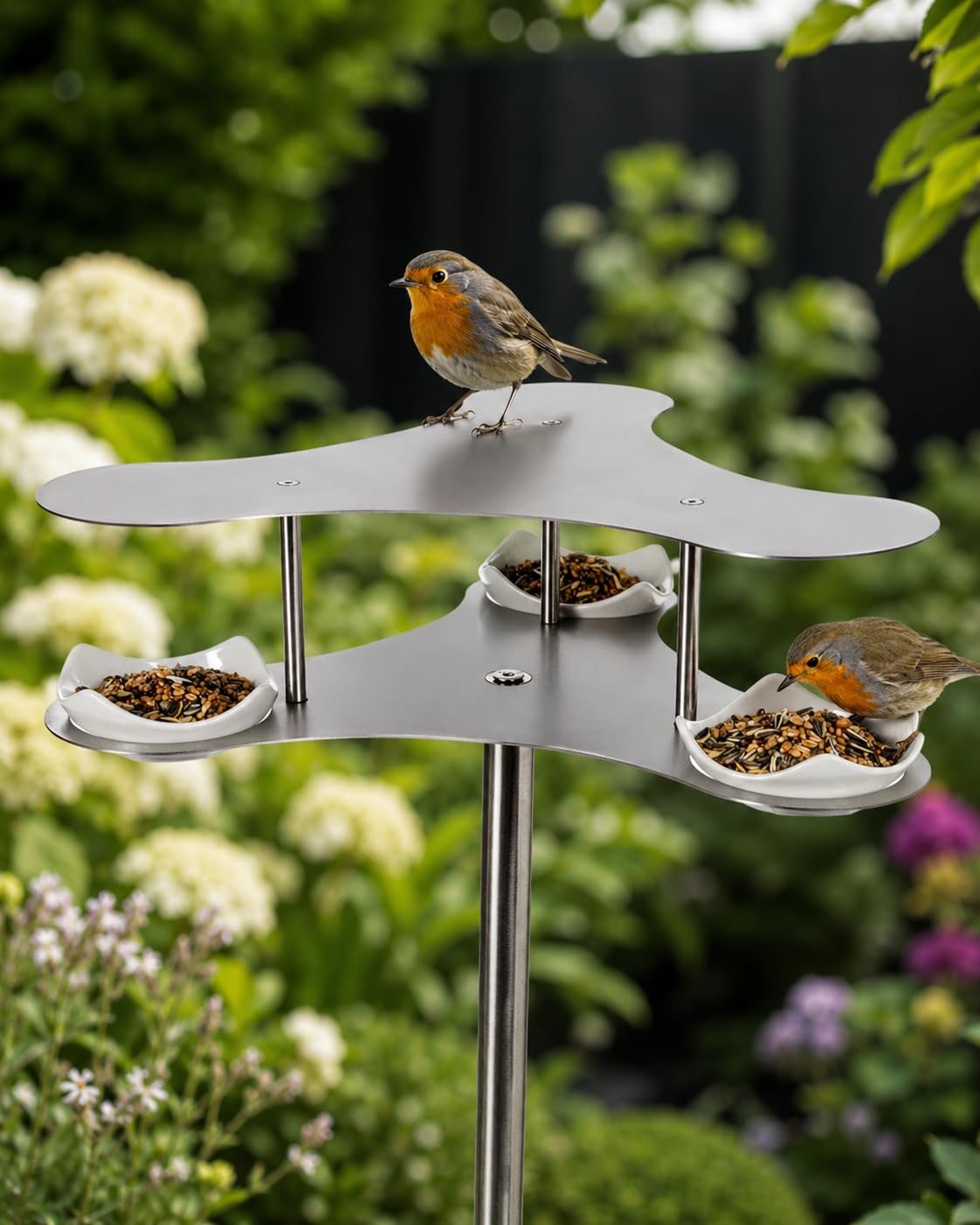 matrasa Design Vogel Futterstation Penthouse - Vogeltränke aus gebürstetem Edelstahl mit Keramikschalen - Vogelfutterstation Vogel Futterstelle 42x33x145 cm