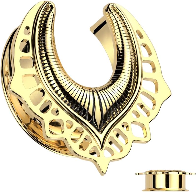 Pierced Owl 316L Stainless Steel Shield Filigree Saddle Tunnels, Sold as a Pair