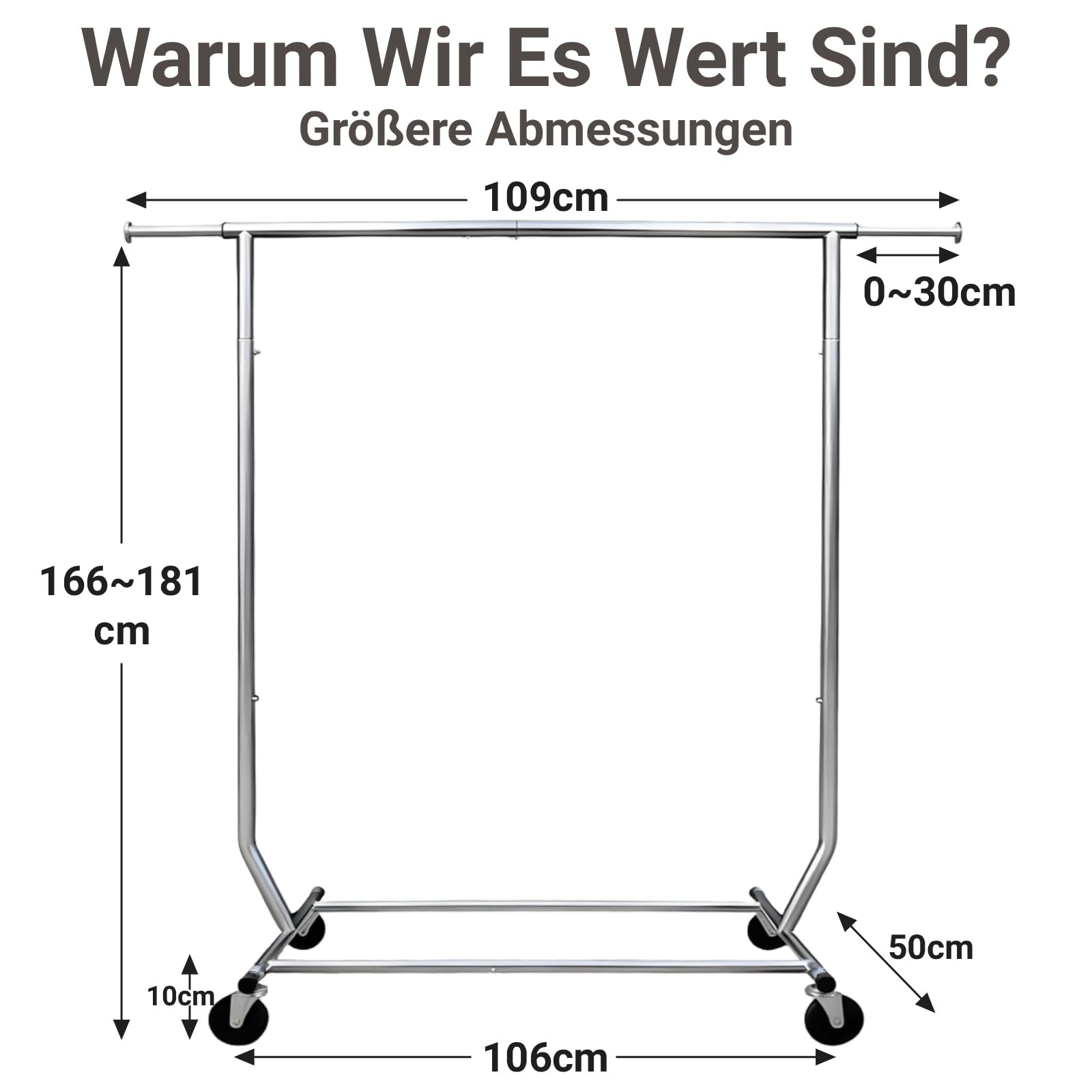 Camabel Schwerlast Garderoben-Rollständer (130-189 cm verstellbar) mit Feststellbremse, 180 kg – Stabiler Metallständer mit Edelstahlrollen für Haushalt & Gewerbe (Mobile Kleiderstange)