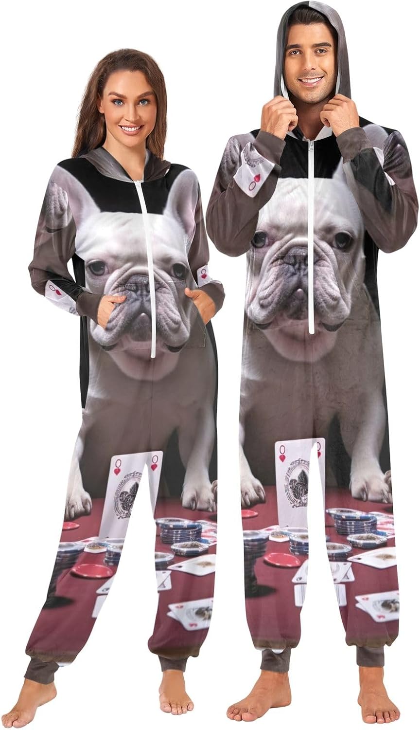 French Bulldogs Game Funny Adult Onesie Pajamas, Soft Hooded One Piece Loungewear Sleepwear for Men Women