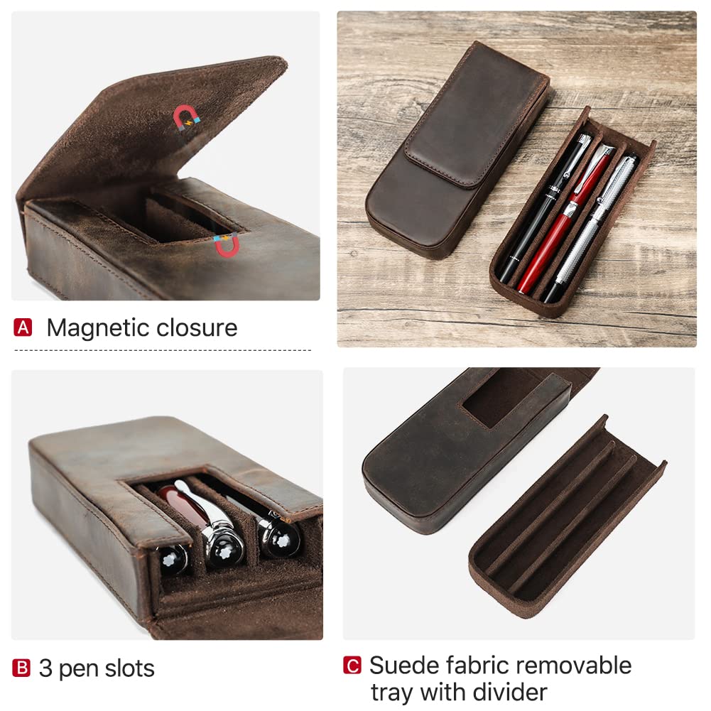 Hiram Leather Pen Case for 3PCS Pen Portable Pen Leather Storage Box with Hidden Magnetic Snap Closure and Pen Tray Holder Design - Image 4