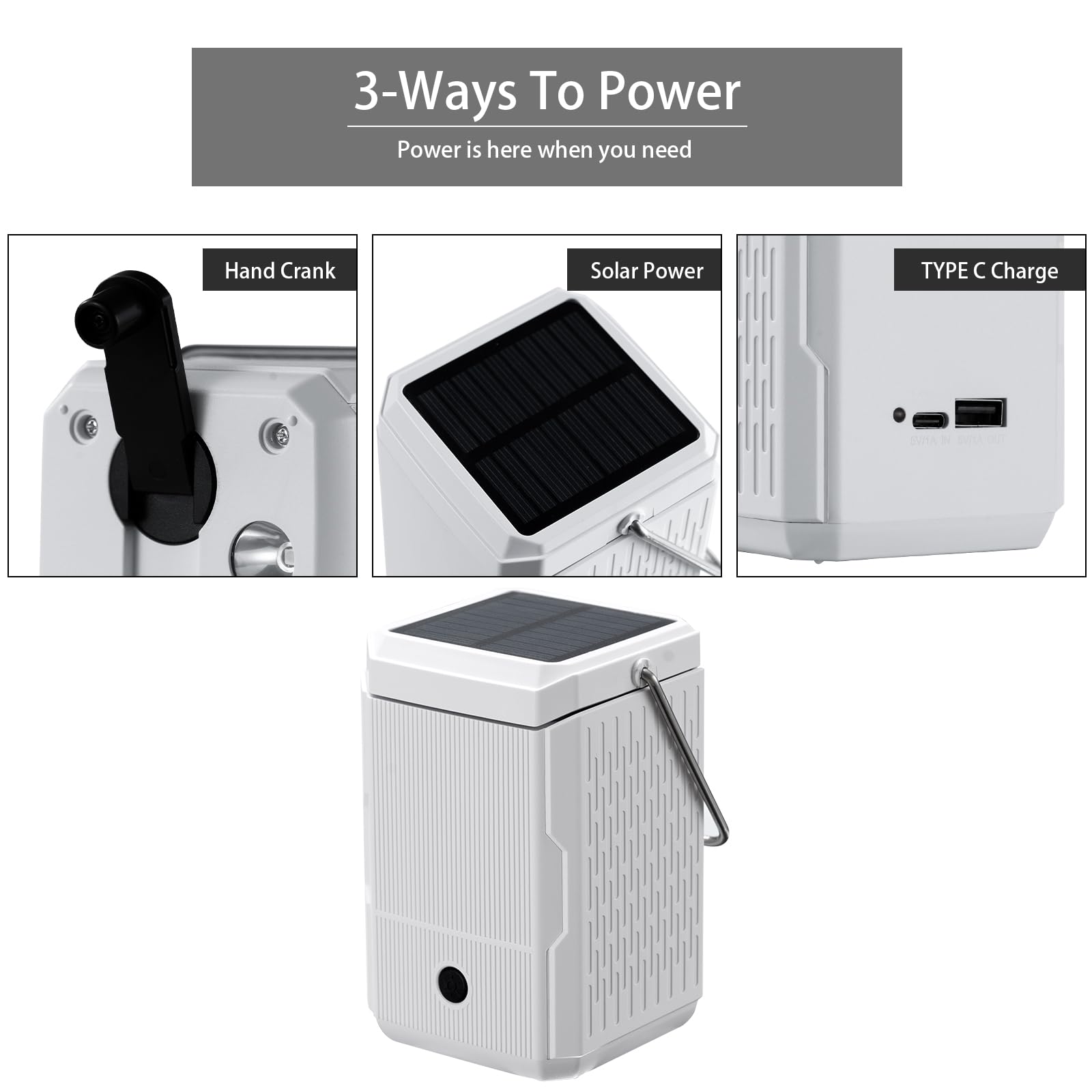Linterna de camping recargable, manivela de mano y luces solares de camping con salida USB, luces de tienda para camping, lámpara de campamento portátil, esencial de fallo de energía para el hogar