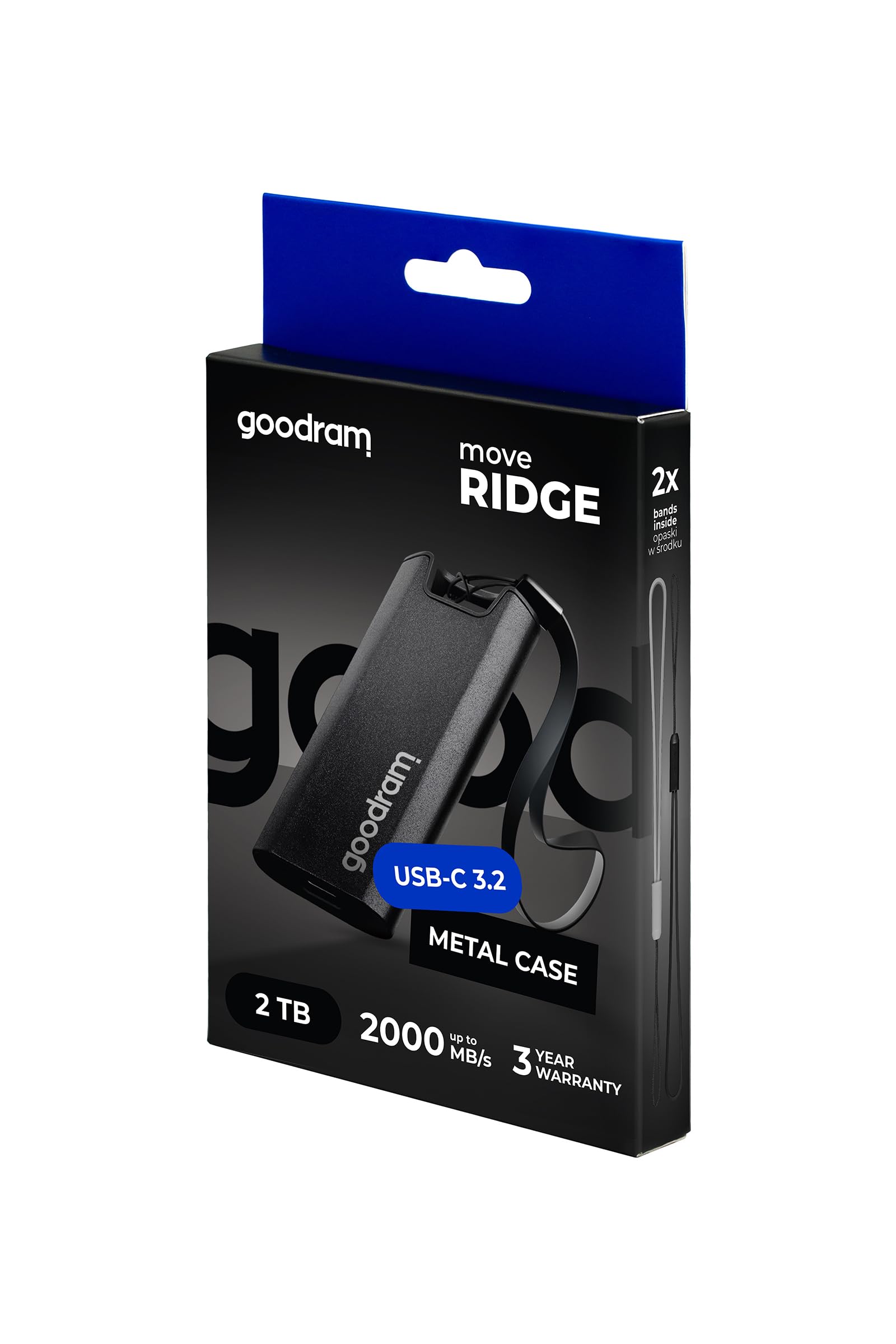 GoodRam Move Ridge Black - Externe Festplatte - SSD 2TB - Lesegeschwindigkeit Max. 2000 MB/s, Schreibgeschwindigkeit Max. 2000 MB/s - USB 3.2 Gen. 2 x2 Type-C - mit Metallgehäuse - 75x32x9,5 mm