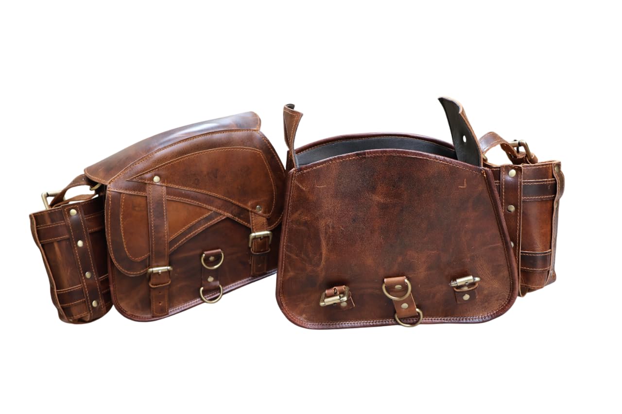 american blue Set di 2 borse da moto in vera pelle, borsa da sella, borsa da bicicletta, borse vintage a forchetta, amanti della bicicletta (Bottle Holder Bag Set)