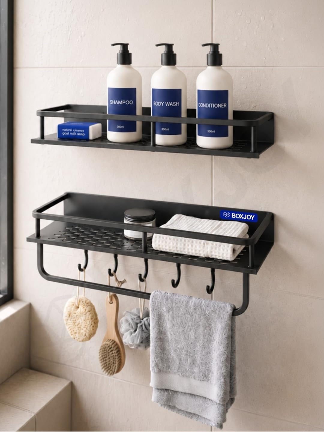 BOXJOY Metal Bathroom Shelf Organiser with Hooks, Set of 2 at ₹869 (27% Off) – Amazon