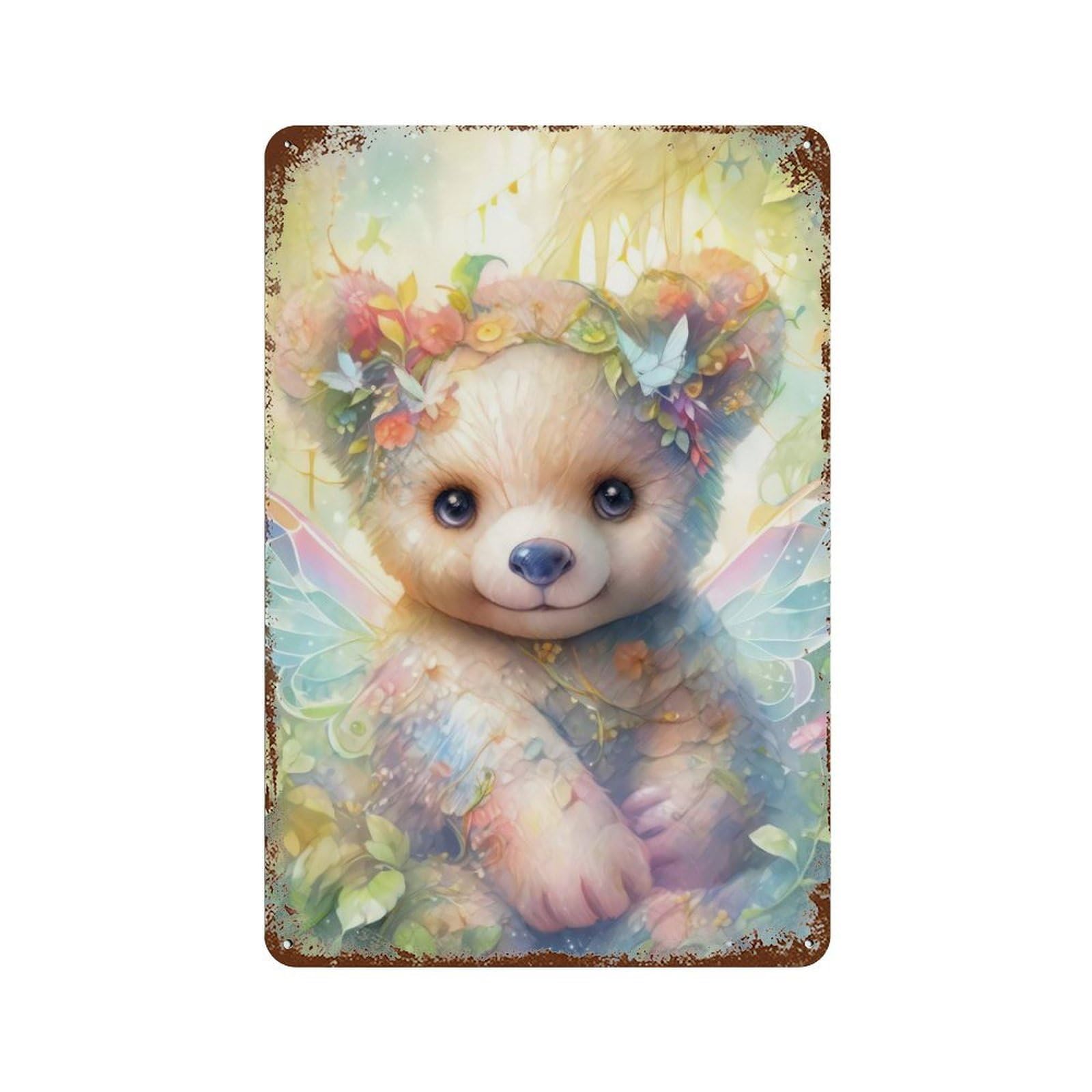 Rust Effect Fairy Flower Bear Rustic Tin Plaque 11.8"x7.9", Classic Wall Plaque for Shed, Workshop And Garage Wall Decor