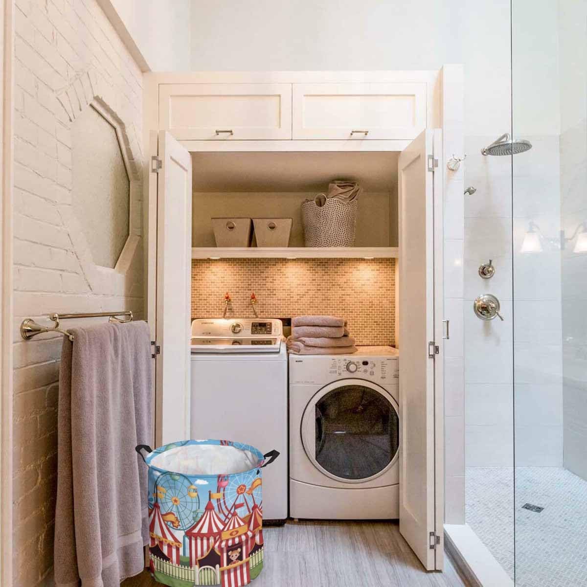 Collapsible Laundry Basket 60L, Amusement Park Storage Bin Laundry Hamper with Handles, Cute Cartoon Wheelwheels Circus Waterproof Clothes Baskets for Bedroom/Kitchen 16.5 x 17 In