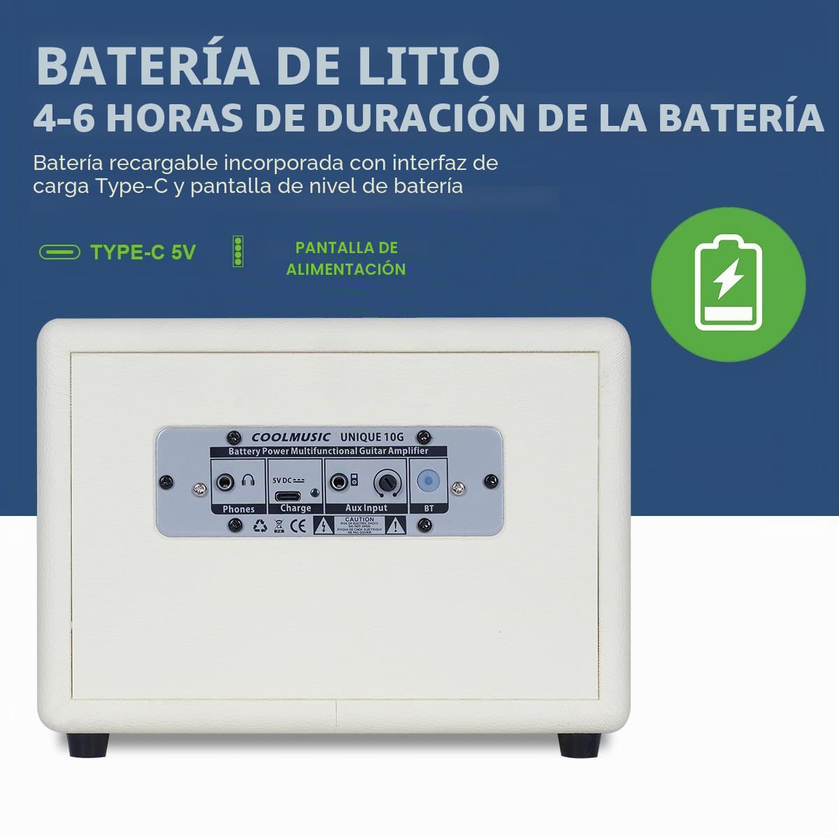 COOLMUSIC Amplificador de guitarra eléctrica recargable inalámbrico 10W, Bluetooth 5.0, efectos de distorsión, amplificador de práctica portátil
