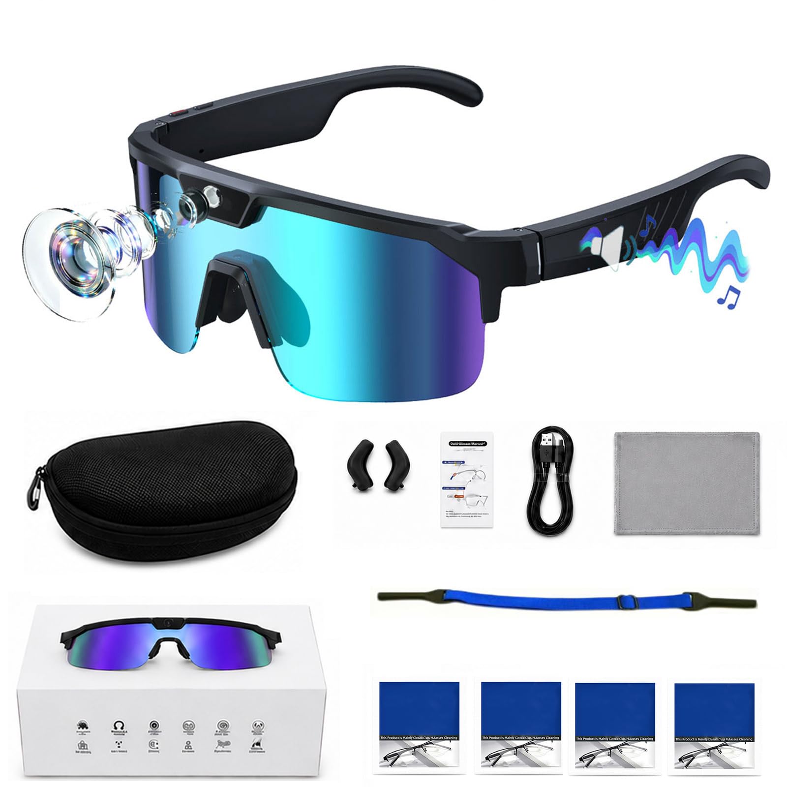 Lunettes intelligentes AI avec appareil photo, photo 30 MP, enregistrement vidéo 1200p, audio Bluetooth à oreilles ouvertes, traduction en temps réel, coffret cadeau pour homme et femme