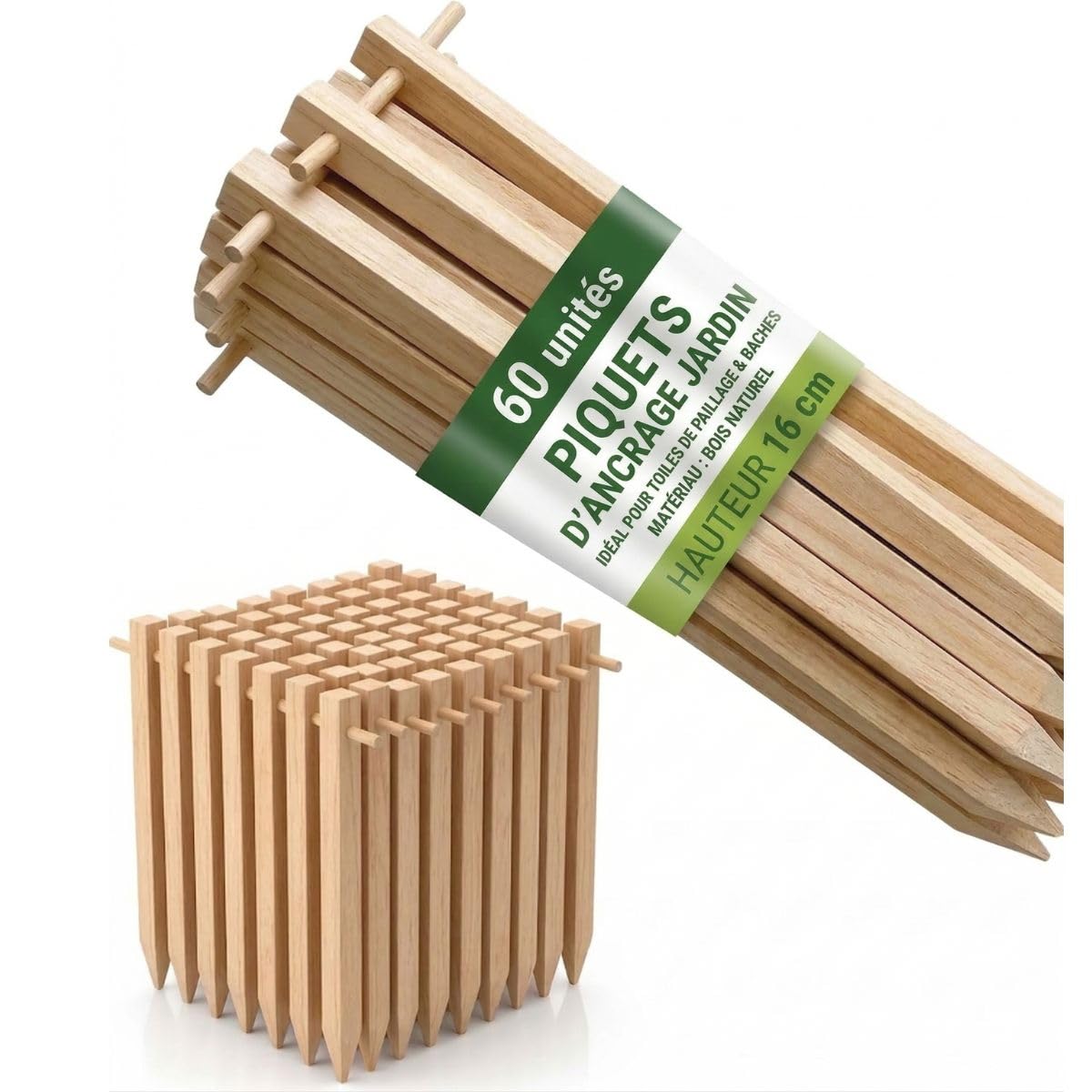 Set di 60 picchetti di fissaggio in legno di pioppo per tela di pacciamatura - Ancoraggio suolo autorodegradabile giardino orto, fissaggio telone pacciamatura