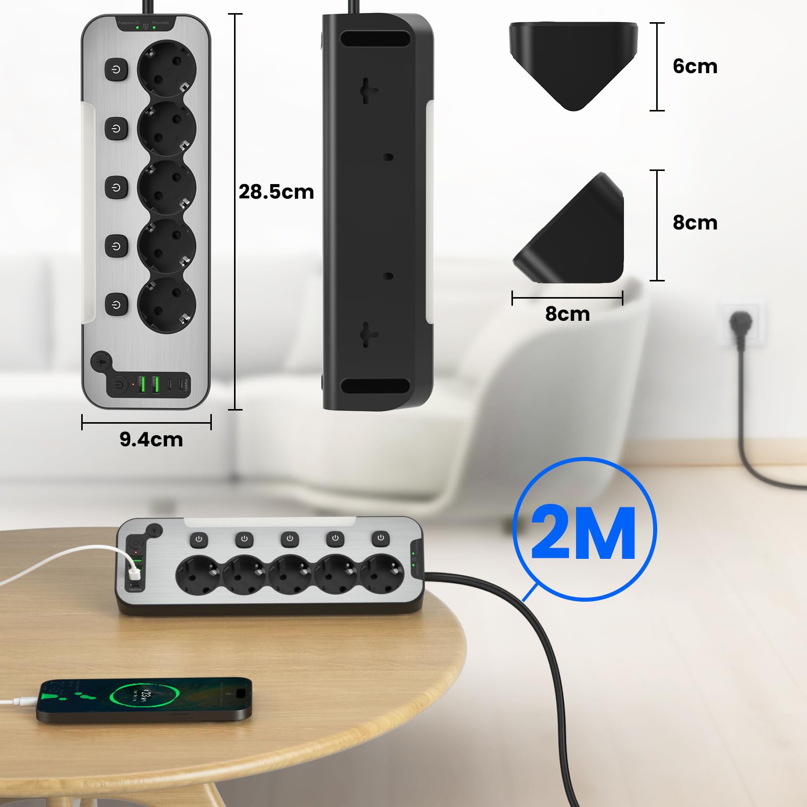 Ecksteckdose Küche und Büro, Steckdosenleiste Einzeln Schaltbar 5-Fach,Tischsteckdose mit USB C,Wandmontage Mehrfachsteckdose mit Schalter,Metall Steckerleiste Überspannungsschutz 2M Kabel,Schwarz