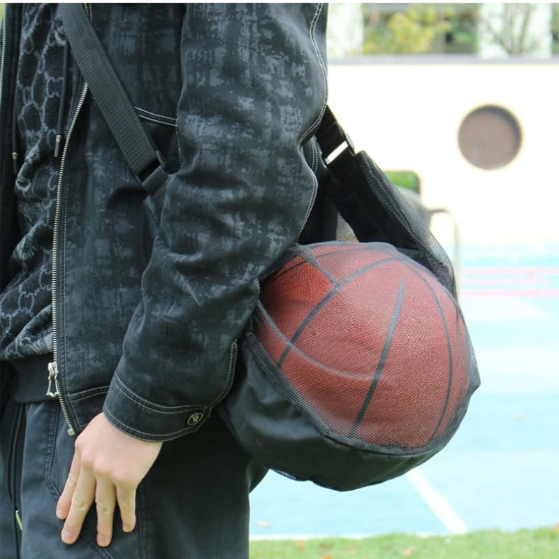 Bolsa de bola de malha única, bolsa traseira com zíper para transporte de basquete, vôlei, futebol, futebol, preto