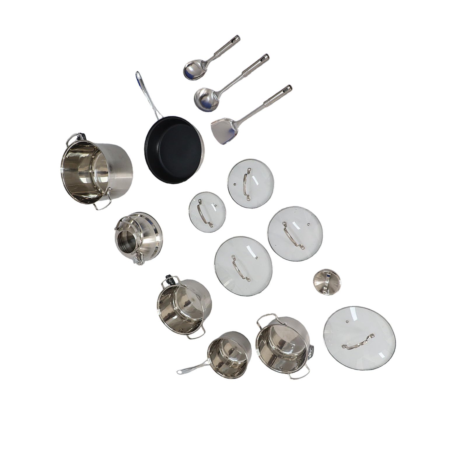 SIXRUN Juego de Utensilios de Cocina de Acero Inoxidable, Juego de Ollas y Sartenes de 15 Piezas con Tapas de Vidrio, 3 Cacerolas, Sartén, Olla para Leche, Utensilios de Cocina de Fondo Plano para