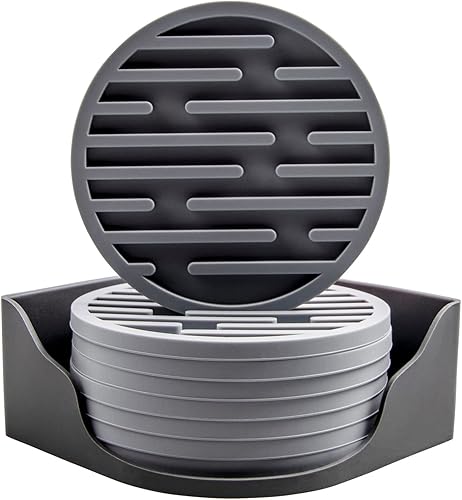 Portavasos con soporte, juego de 8 posavasos de silicona suave que se adapta a cualquier tamaño de vasos de beber, protege cualquier tipo de mesa de