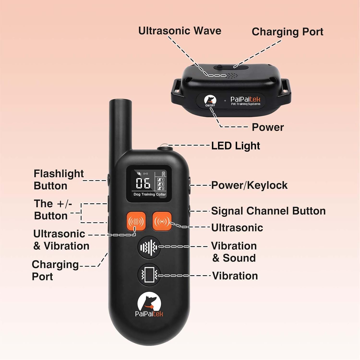 Diagram of PaiPaitek remote and receiver with labeled parts.
