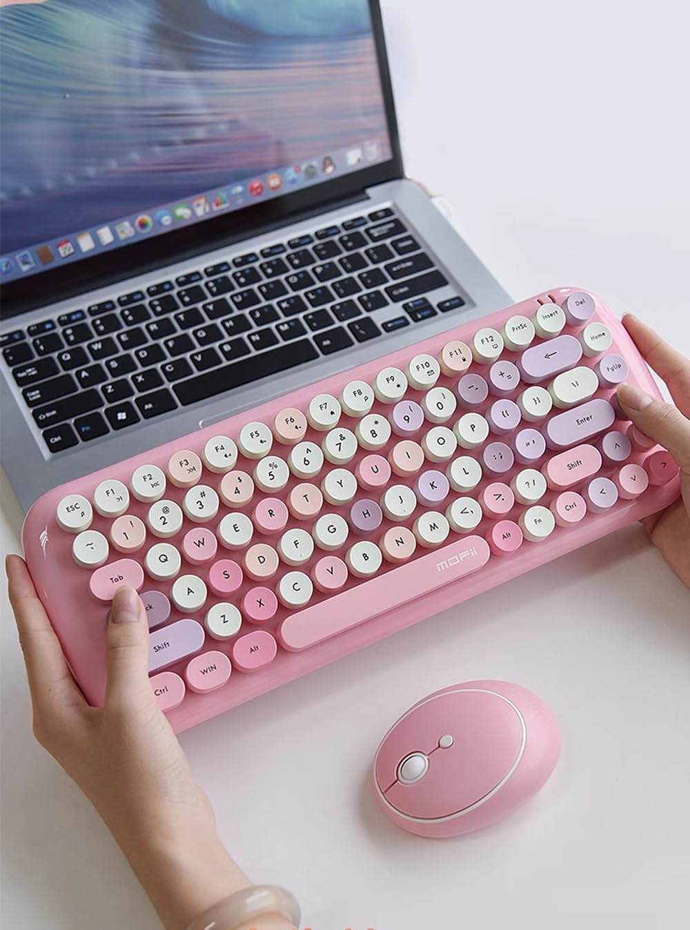 Candy Mini Wireless 2.4G USB Keyboard Mouse Set Round Keycap Multi-Colour Cute Lovely for Girls 84 Key (Multicolor Pink)…