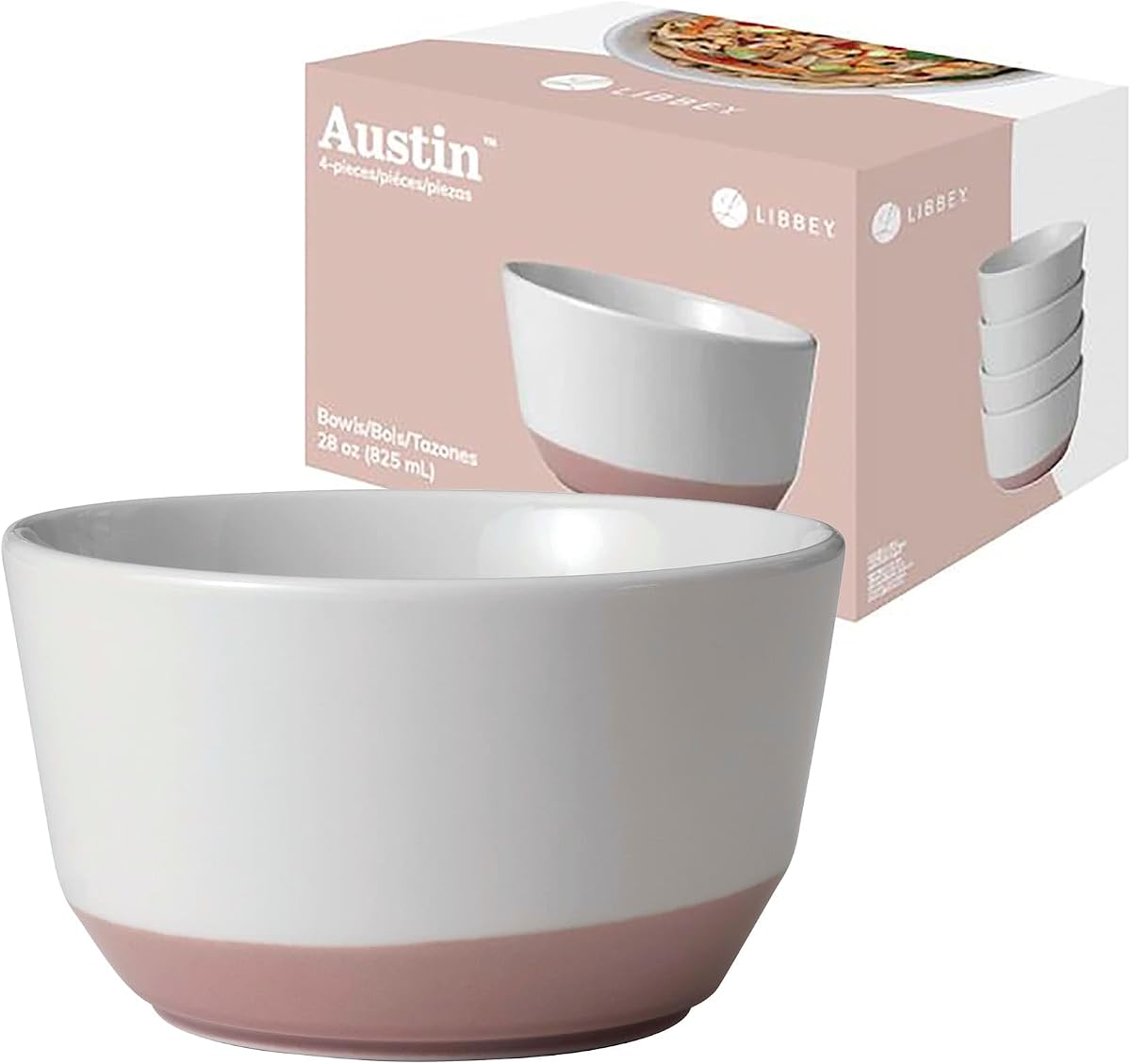 Libbey Austin Himalayan Pink Porcelana Ensalada Sopa Cuencos, Estilo Moderno Grandes Cuencos de Sopa Juego de 4, Cuencos de Cerámica Apilables para Vacaciones, Uso Diario