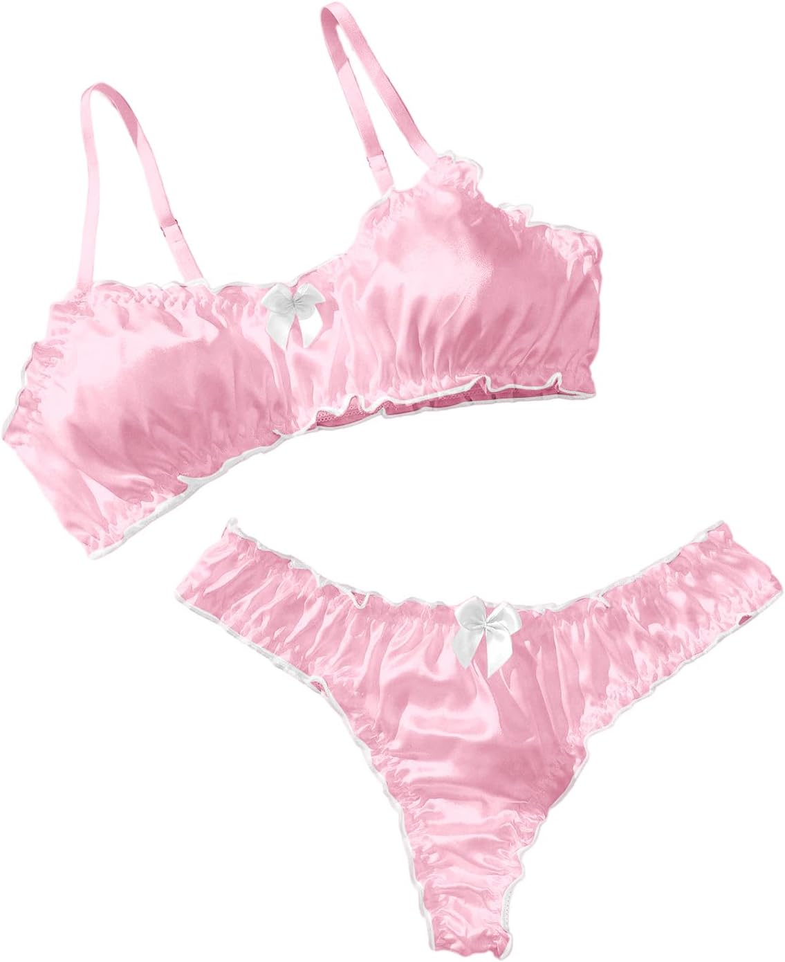 Verdusa Women's 2 Piece Satin Bow Lingerie Set Sexy Lettuce Trim Bow Bra and Thong Sets