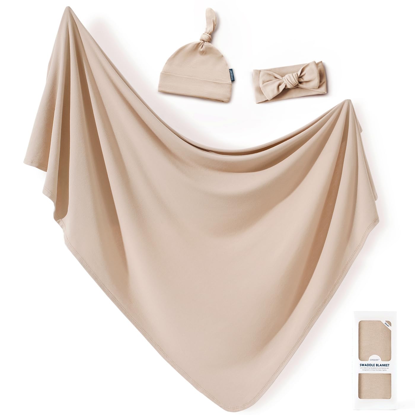 GRSSDER Newborn Swaddle Blanket, Ultra Soft Jersey Receiving Blanket with Matching Headband and Beanie Set 33×44", Stretchy Baby Neutral Swaddle Wrap