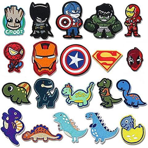 CYWQ 20 Pcs Iron on Patches Superhero Cartoon Dinosaur Patches Embroidered Applique Kit Sew On Patches for Clothing, Jackets, Backpacks Shoes, Caps for Kids Adults Cover