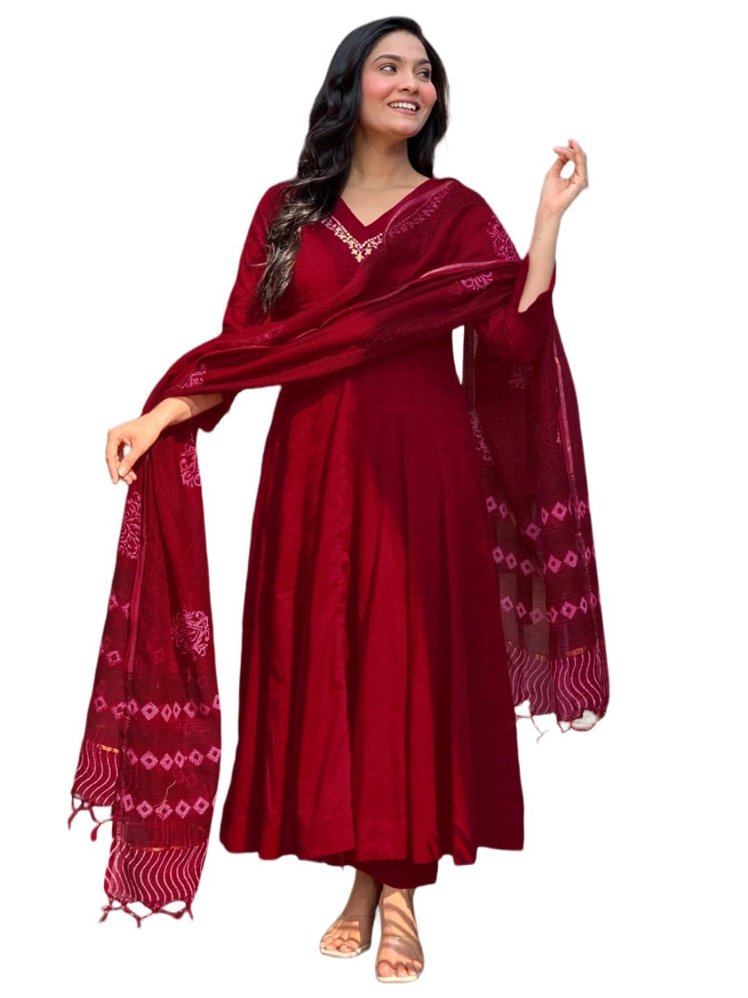 gosriki Women Viscose Gown Kurti with Pant and Dupatta | Embroidered Kurta Set for Women | V Neck Long Kurta Dupatta Palazzo Ethnic Outfit-picture-11