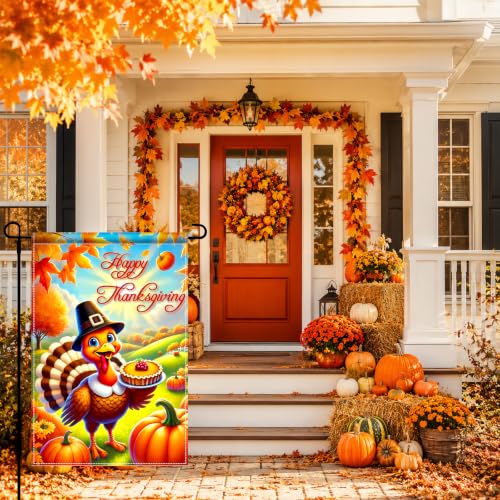 Image of BlissYard Happy Thanksgiving Turkey Garden Flag 12x18 Inch Fall Decor | Double sided polyester, Thanksgiving turkey pumpkin design, festive harvest decor for porch and yard