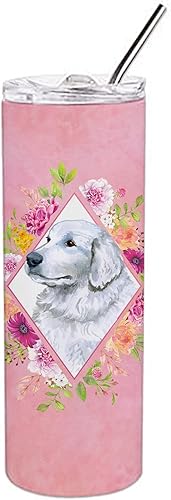 Caroline's Treasures CK4160TBL20 - Vaso delgado de acero inoxidable de 20 onzas con diseño de flores rosas de los Grandes Pirineos, vaso térmico