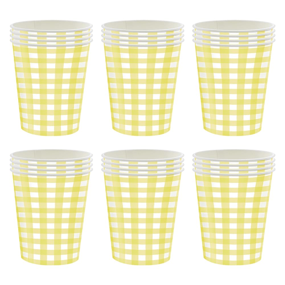 FSSTUD 60 Pcs 9 Oz Checkered Paper Drinking Cups Birthday Cold Beverage Cup Picnic Themed Party Cups Decorative Gingham Cup Wedding Shower Drink Fancy Disposable Drinkware Yellow