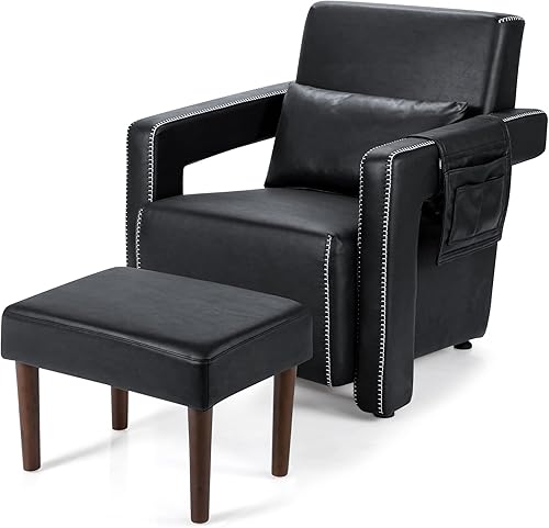 Giantex Silla decorativa moderna con otomana, sofá individual de forro polar bereber suave con bolsa de almacenamiento lateral, almohadillas