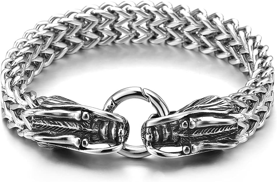 COOLSTEELANDBEYOND Biker Mens Steel Franco Box Link Chain Bracelet Vintage Dragon Head Spring Ring Clasp 8.7 Inches