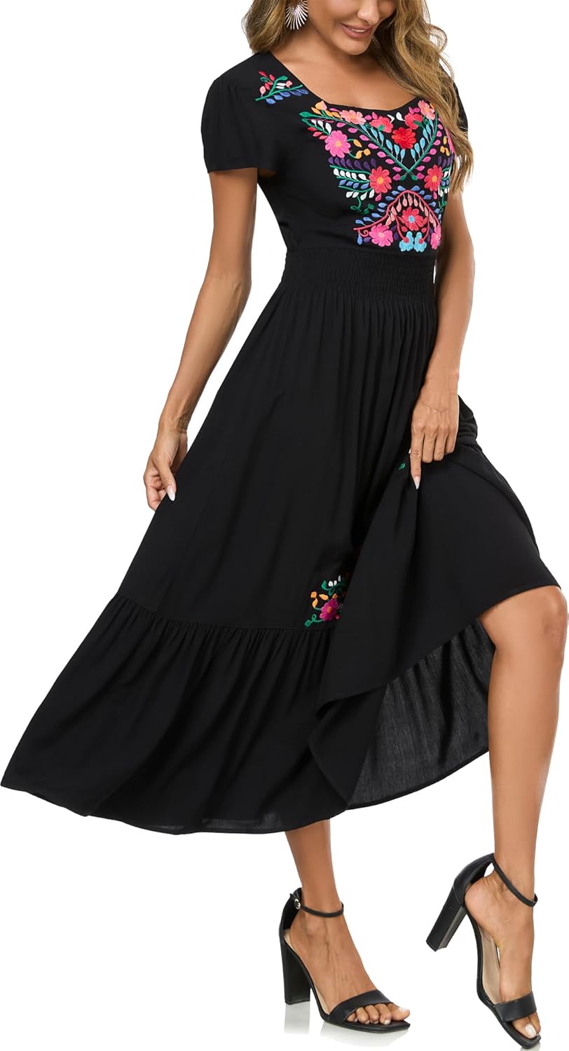 Women's Summer Maxi Dress Casual Floral Embroidered Round Neck Short Sleeve Ruffle Tiered Dress Flowy Boho Beach Sundress - Image 4